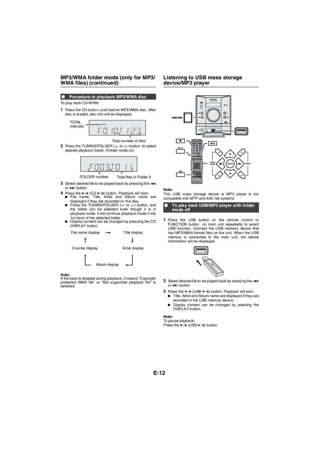 Sharp XL-DAB10NH, XL-DAB20NH Procedure to playback MP3/WMA disc, To play back USB/MP3 player with folder mode off 