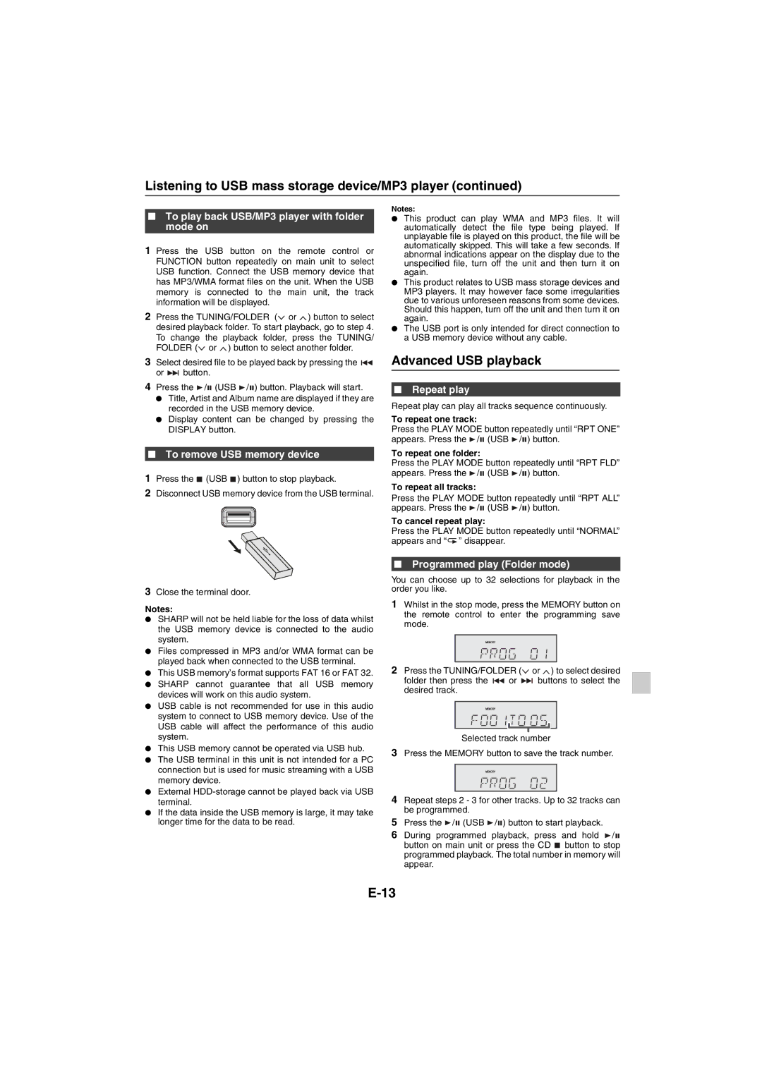 Sharp XL-DAB20NH Advanced USB playback, To play back USB/MP3 player with folder mode on, To remove USB memory device 