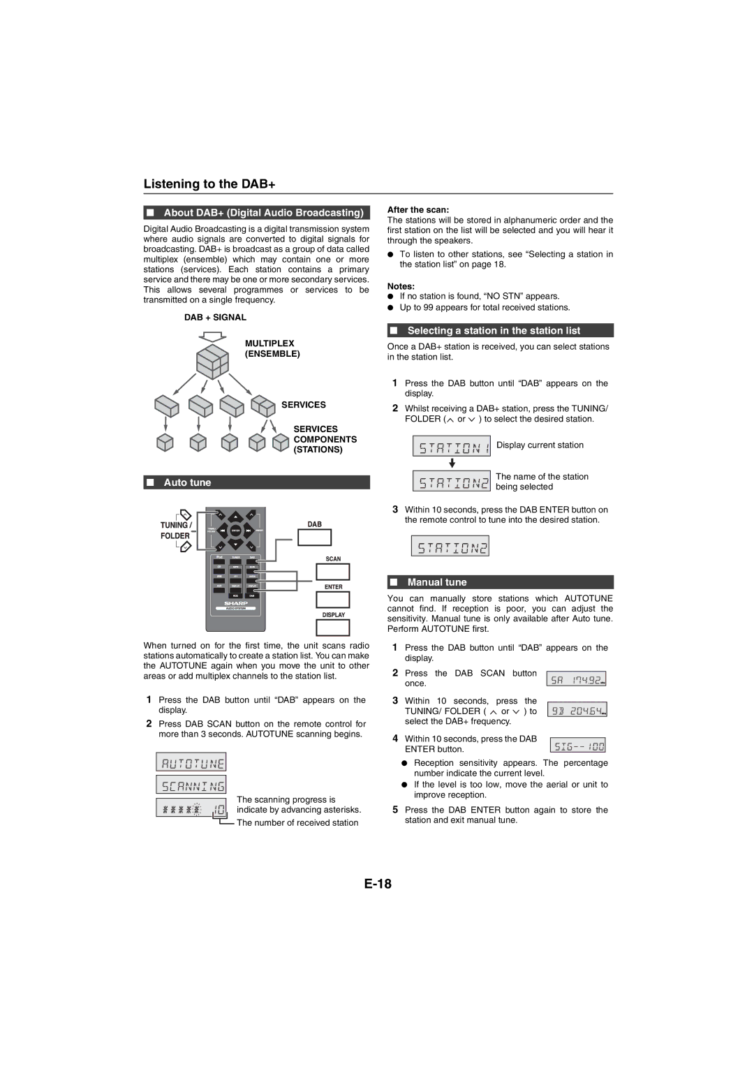 Sharp XL-DAB10NH, XL-DAB20NH Listening to the DAB+, About DAB+ Digital Audio Broadcasting, Auto tune, Manual tune 