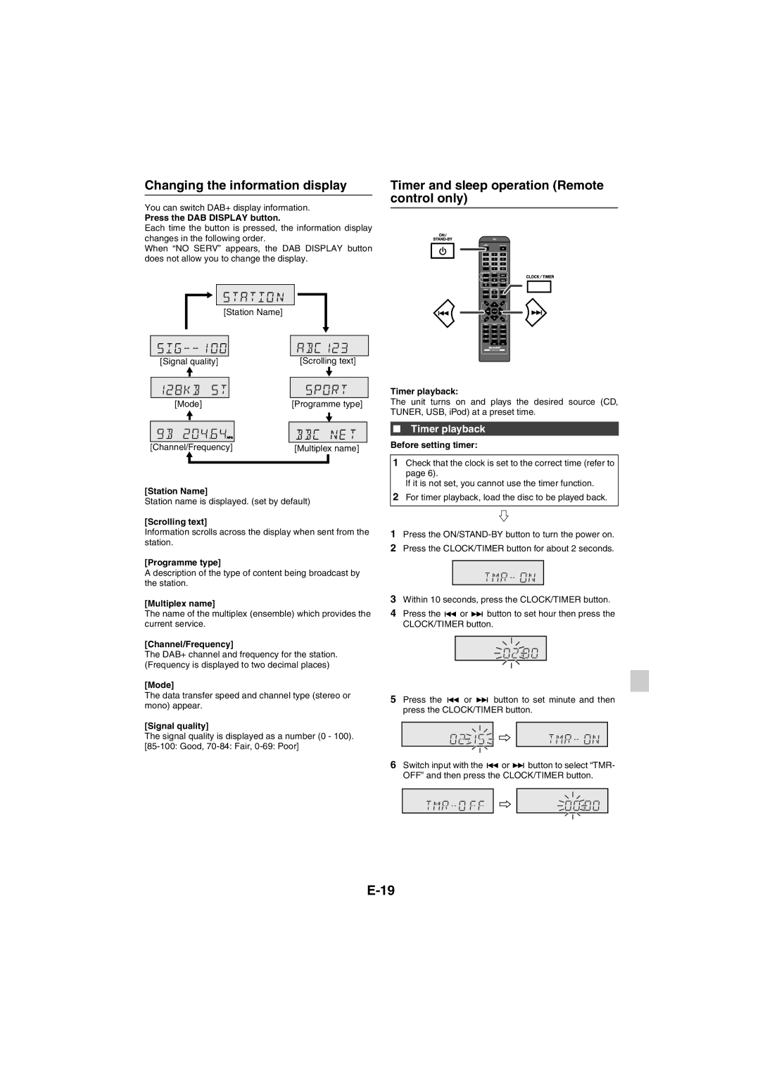 Sharp XL-DAB20NH Changing the information display, Timer and sleep operation Remote control only, Timer playback 