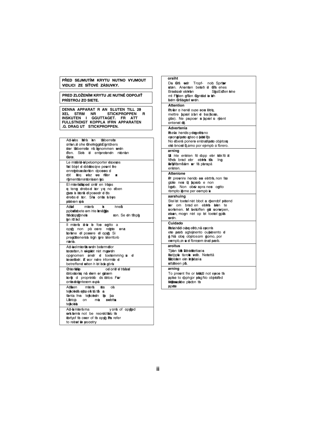 Sharp XL-DAB10NH, XL-DAB20NH operation manual Vorsicht, Attenzione, Cuidado 