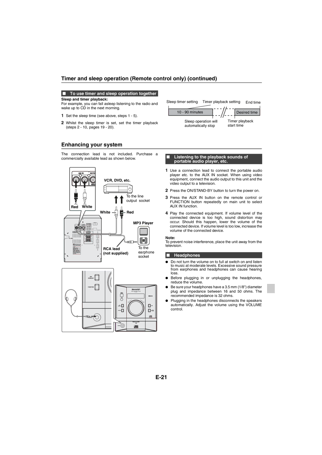 Sharp XL-DAB20NH, XL-DAB10NH operation manual Enhancing your system, To use timer and sleep operation together, Headphones 