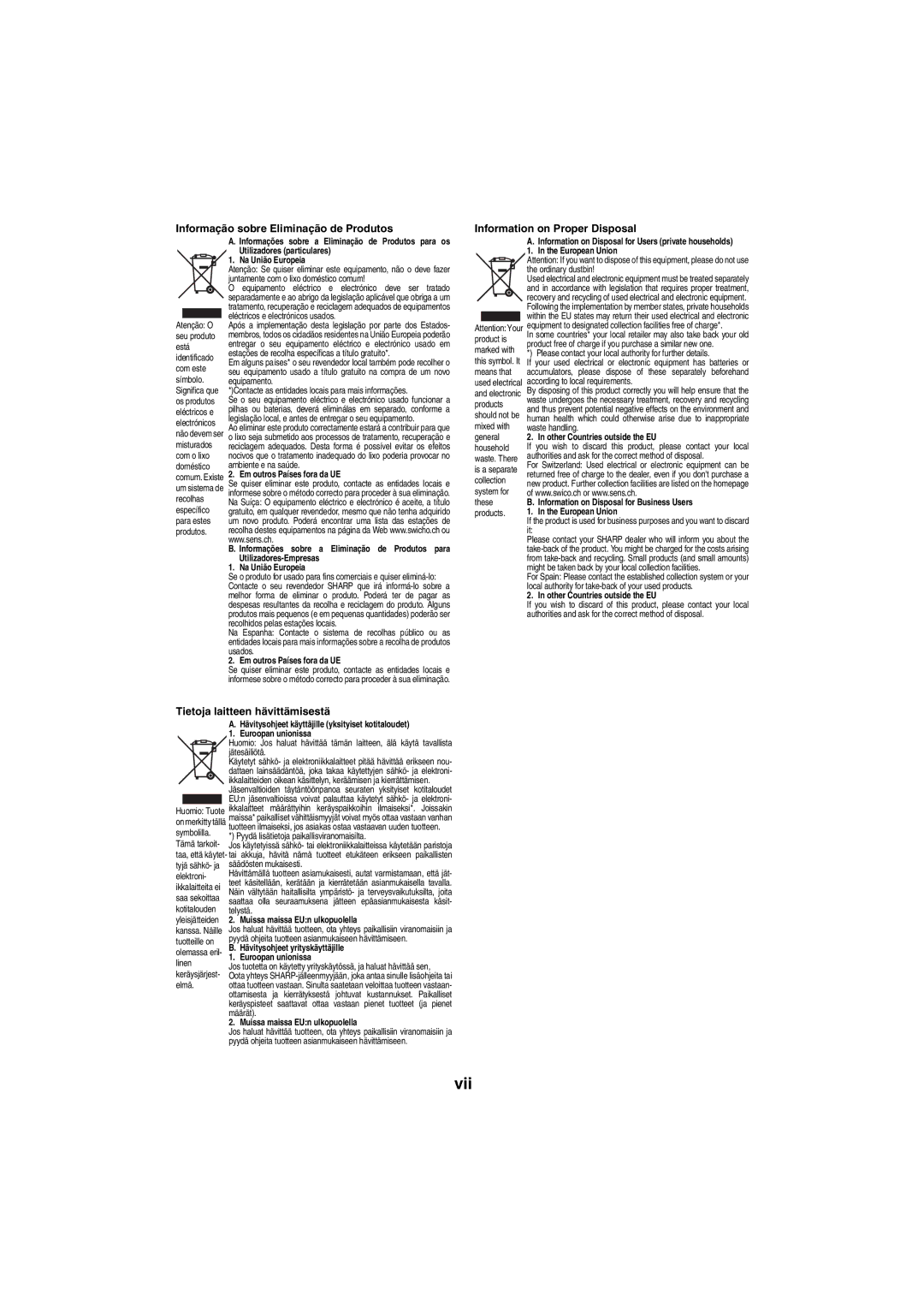 Sharp XL-DAB20NH Informação sobre Eliminação de Produtos, Tietoja laitteen hävittämisestä, Information on Proper Disposal 