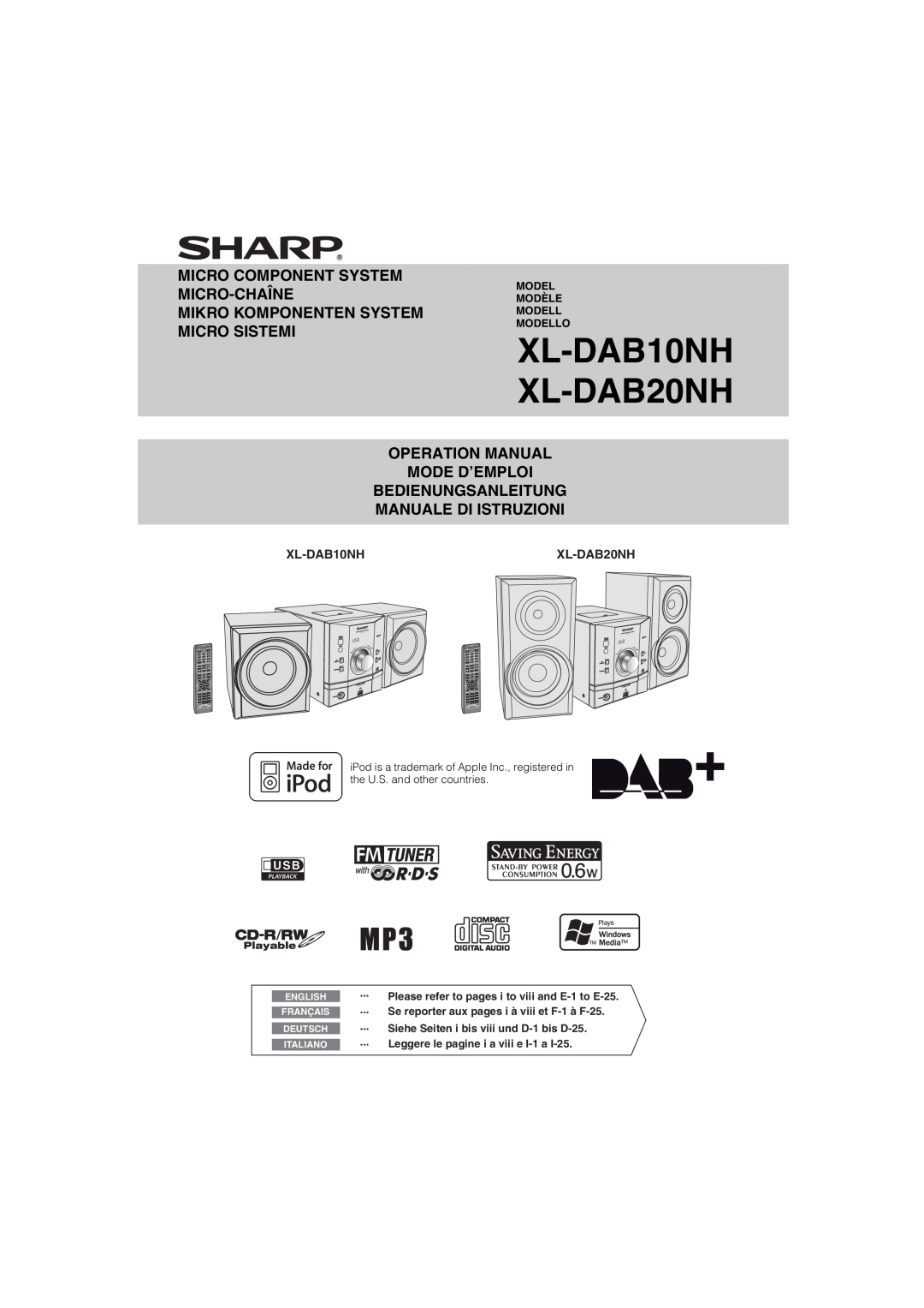 Sharp XL-DAB10NH operation manual Micro Component System Micro-Chaîne, Mikro Komponenten System Micro Sistemi, XL-DAB20NH 