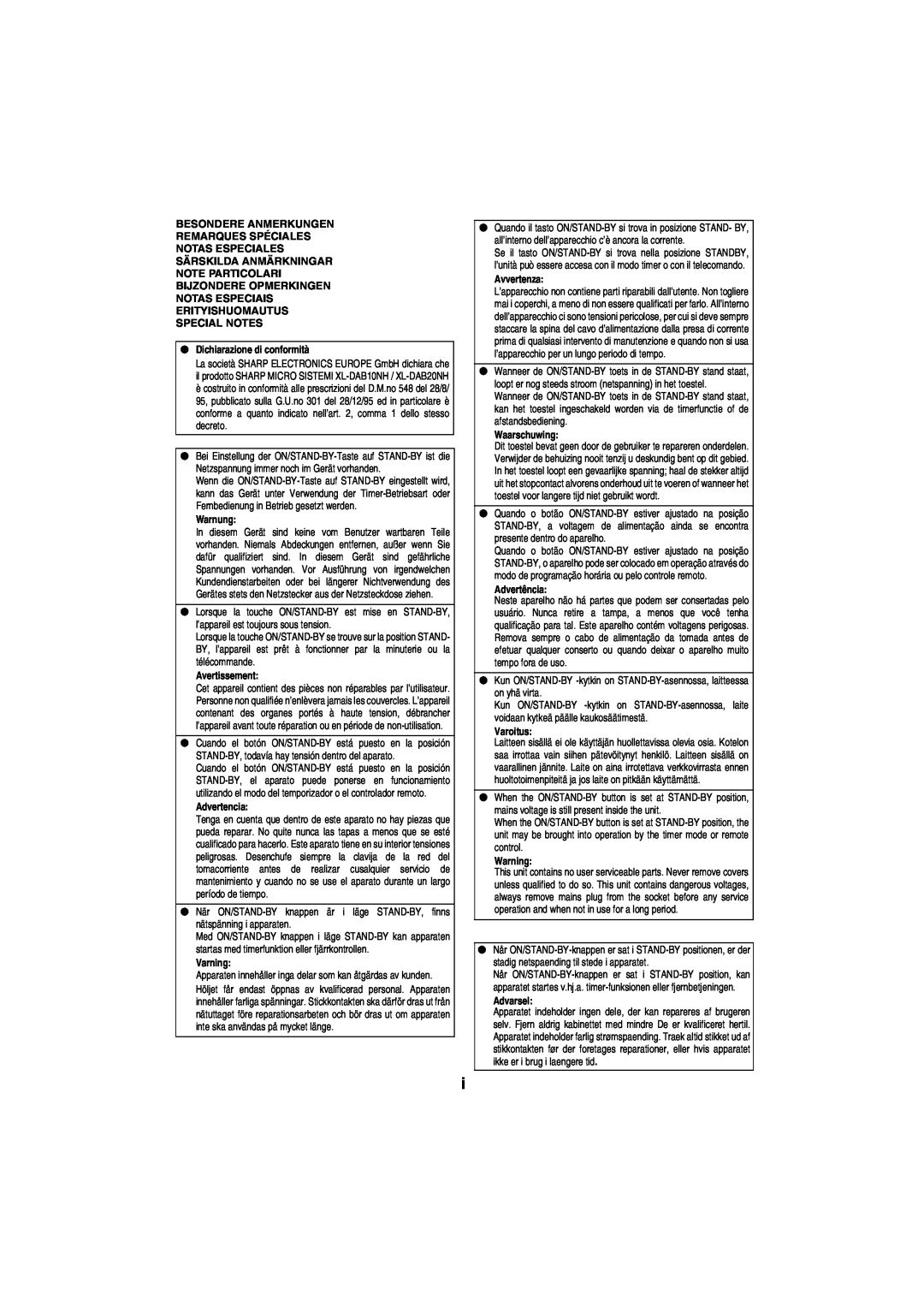 Sharp XL-DAB20NH, XL-DAB10NH operation manual Besondere Anmerkungen Remarques Spéciales 