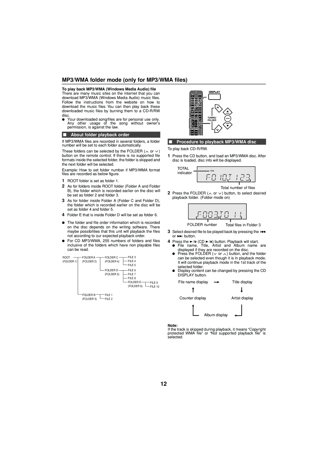 Sharp XL-DH10N 20H_Front XL-DH10NH XL-DH20NH MP3/WMA folder mode only for MP3/WMA files, About folder playback order 