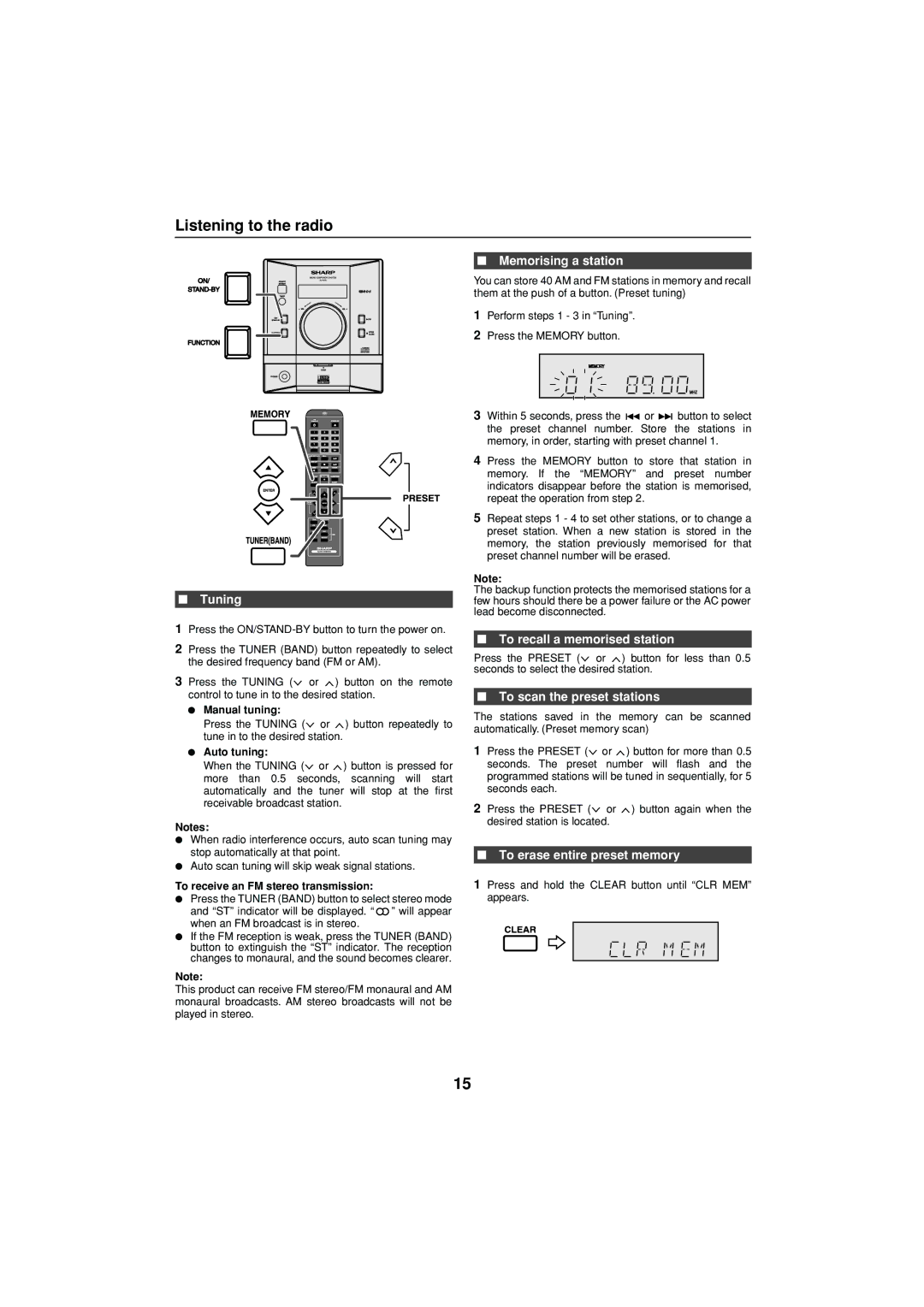 Sharp XL-DH10N 20H_Front XL-DH10NH XL-DH20NH operation manual Listening to the radio 