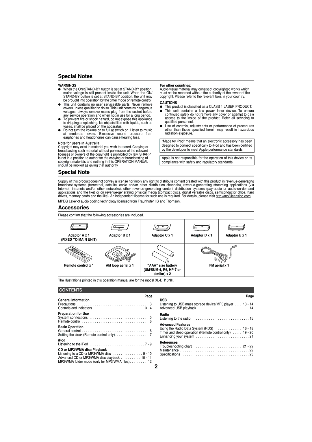 Sharp XL-DH10N 20H_Front XL-DH10NH XL-DH20NH operation manual Special Notes, Accessories 