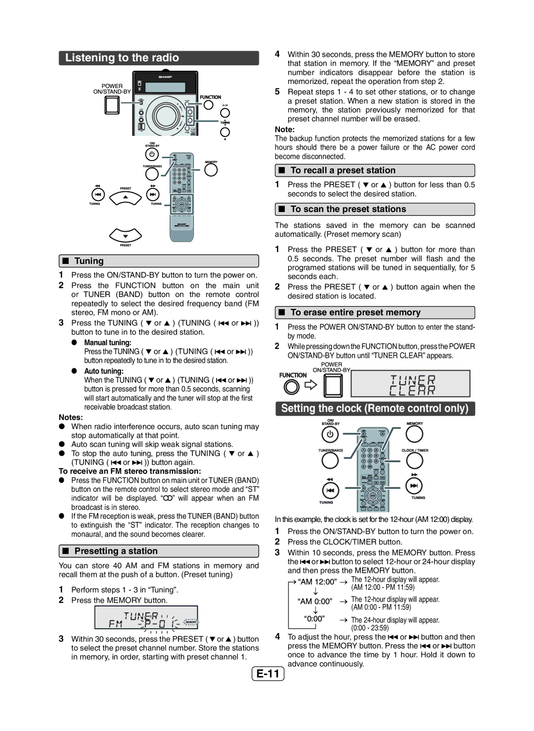 Sharp XL-DH229 operation manual Listening to the radio, Setting the clock Remote control only 