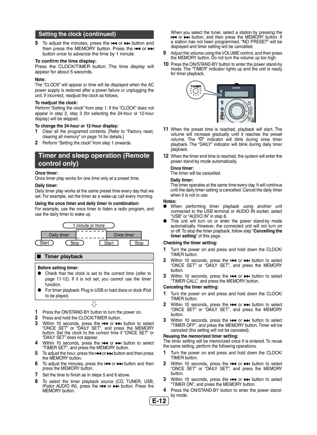 Sharp XL-DH229 operation manual Timer and sleep operation Remote control only, Setting the clock, Timer playback 