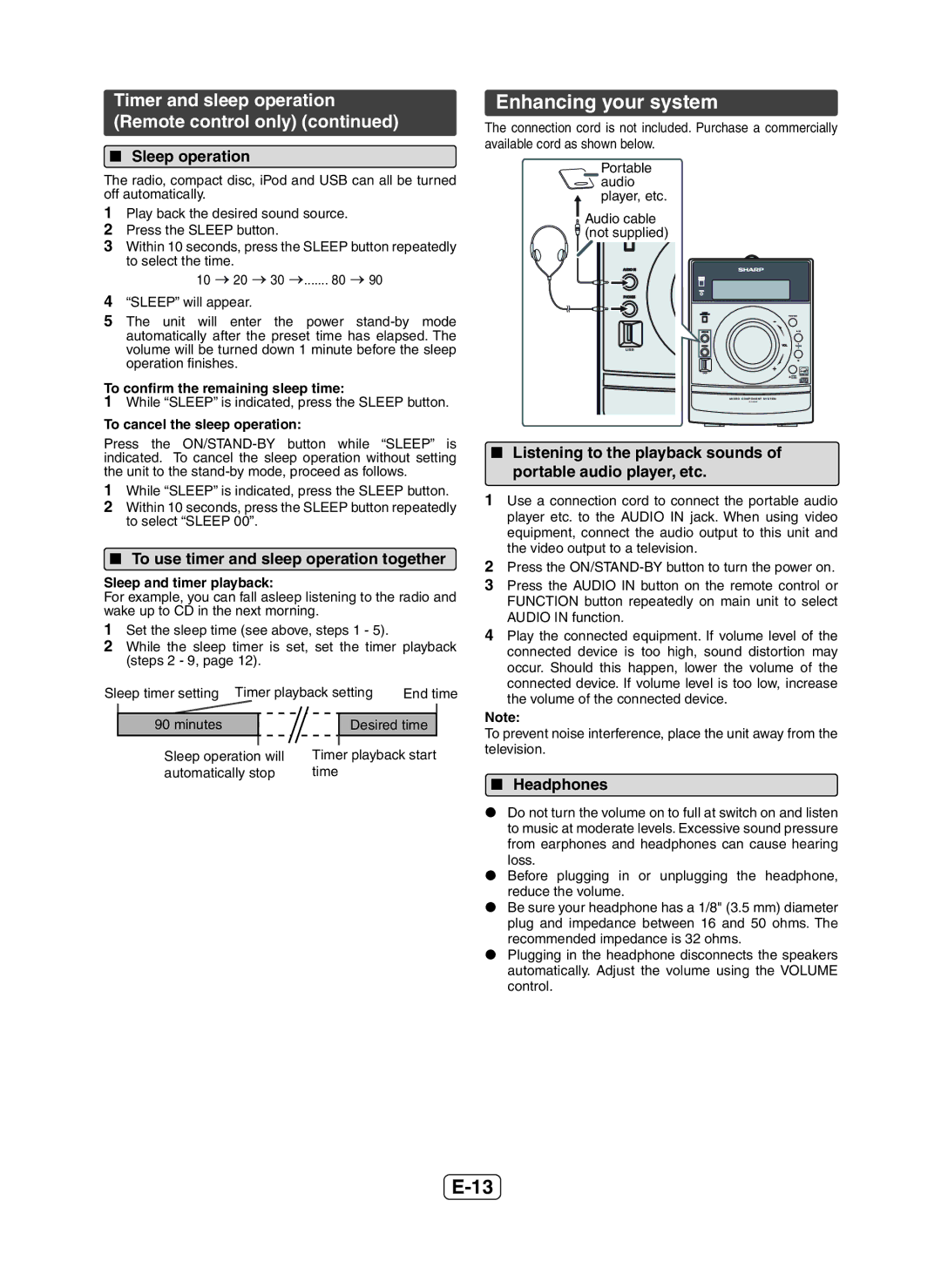 Sharp XL-DH229 Enhancing your system, Timer and sleep operation Remote control only, Sleep operation, Headphones 