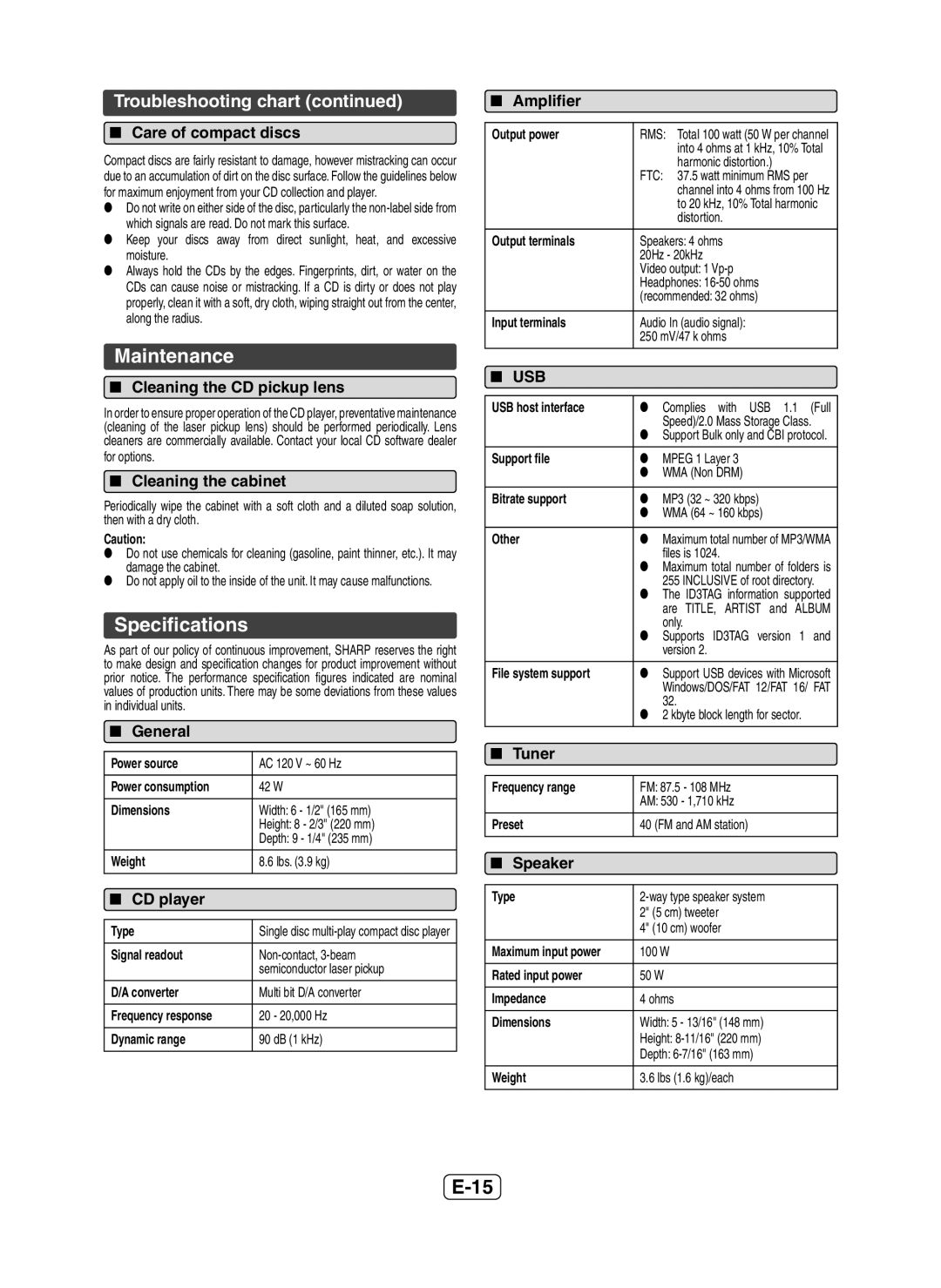 Sharp XL-DH229 operation manual Maintenance, Speciﬁcations, Troubleshooting chart 