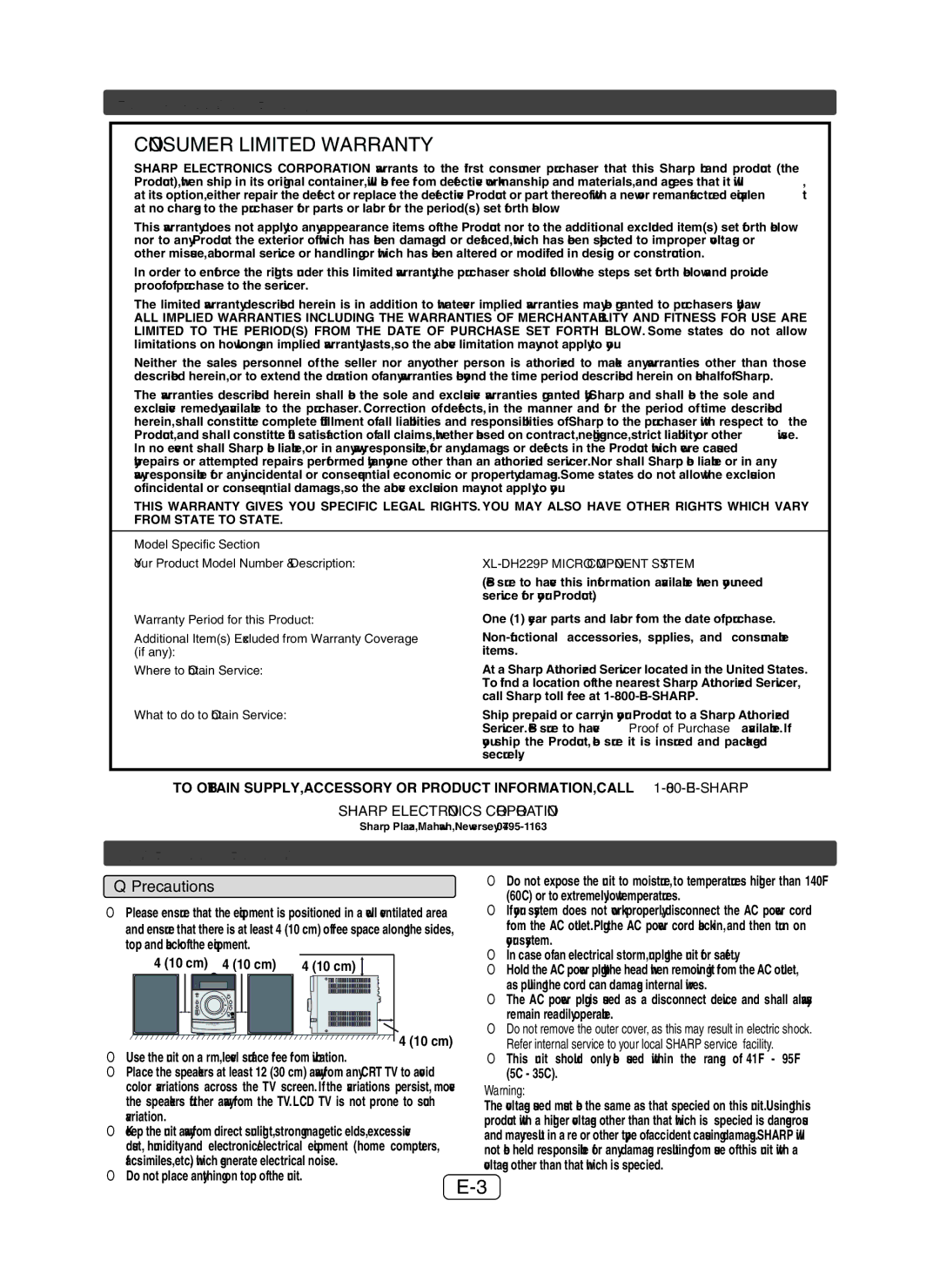 Sharp XL-DH229 operation manual For U.S. customer only, System connections, Precautions 