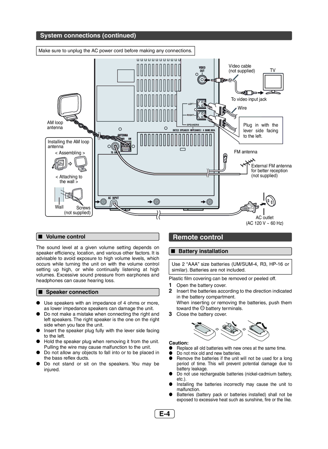 Sharp XL-DH229 Remote control, System connections, Volume control, Speaker connection, Battery installation 