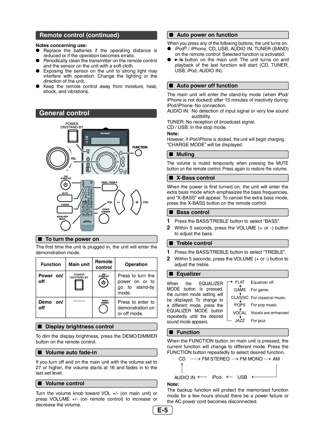 Sharp XL-DH229 operation manual General control, Remote control 