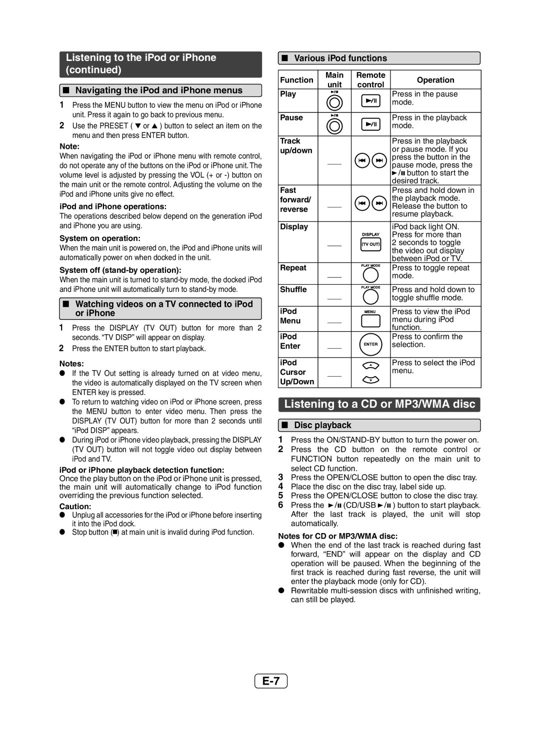 Sharp XL-DH229 operation manual Listening to a CD or MP3/WMA disc, Listening to the iPod or iPhone 