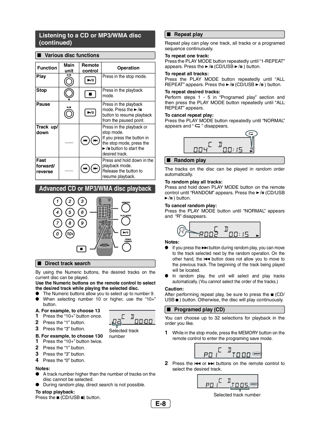 Sharp XL-DH229 operation manual Listening to a CD or MP3/WMA disc, Advanced CD or MP3/WMA disc playback 