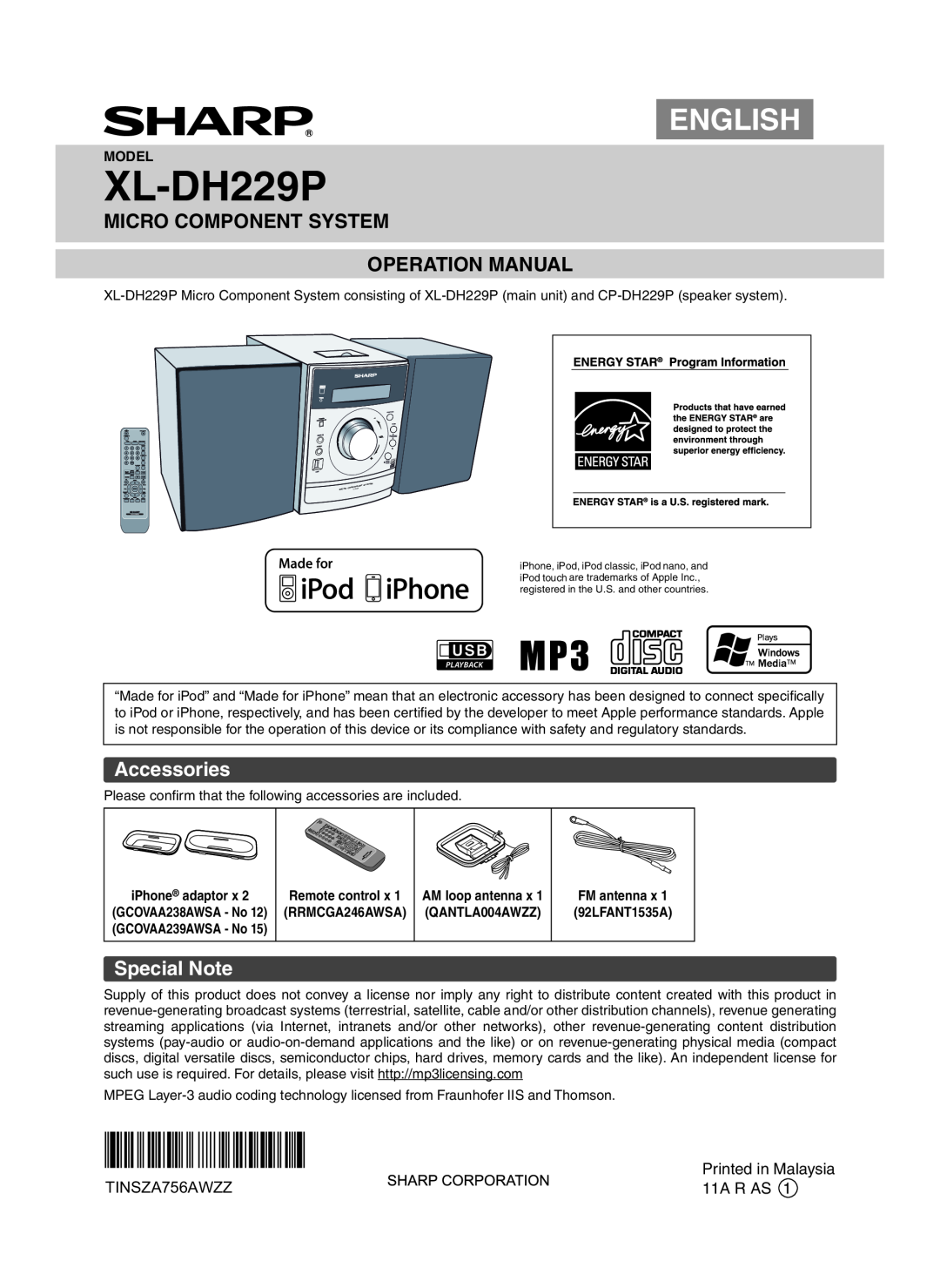 Sharp operation manual Accessories, Special Note, XL-DH229P, English, TINSZA756AWZZ 
