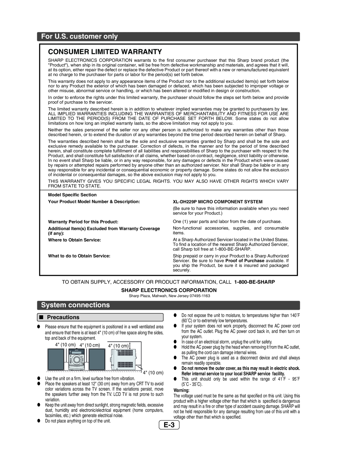 Sharp XL-DH229 operation manual For U.S. customer only, Consumer Limited Warranty, System connections, QPrecautions 