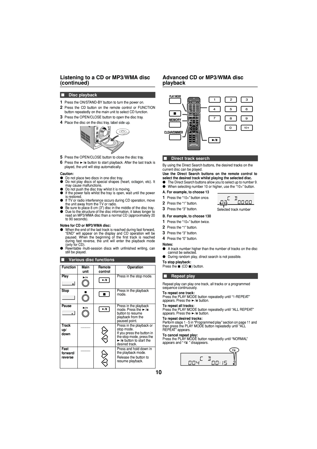 Sharp XL-DH350NH Advanced CD or MP3/WMA disc playback, Disc playback, Various disc functions, Direct track search 