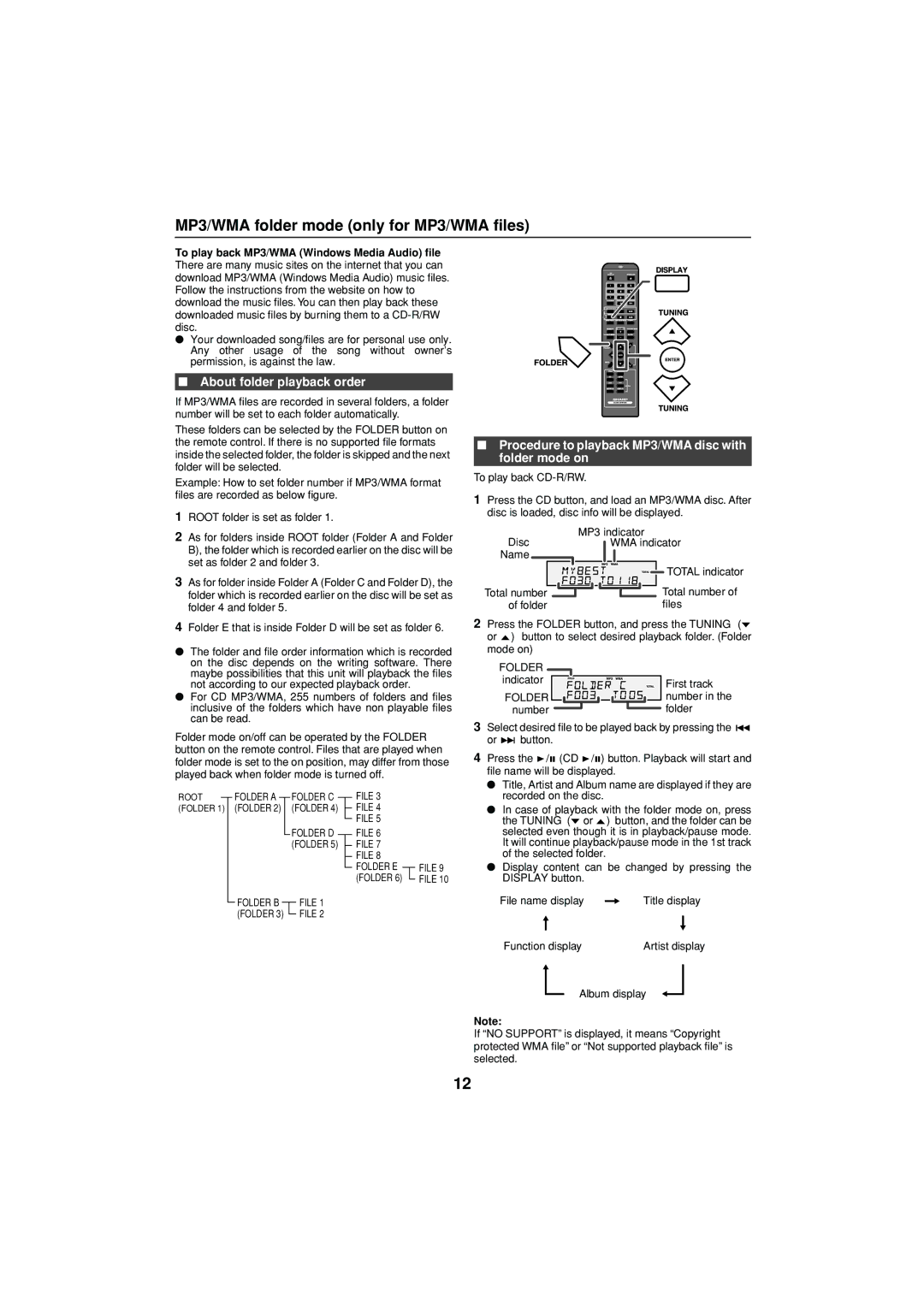 Sharp XL-DH350NH operation manual MP3/WMA folder mode only for MP3/WMA files, About folder playback order 