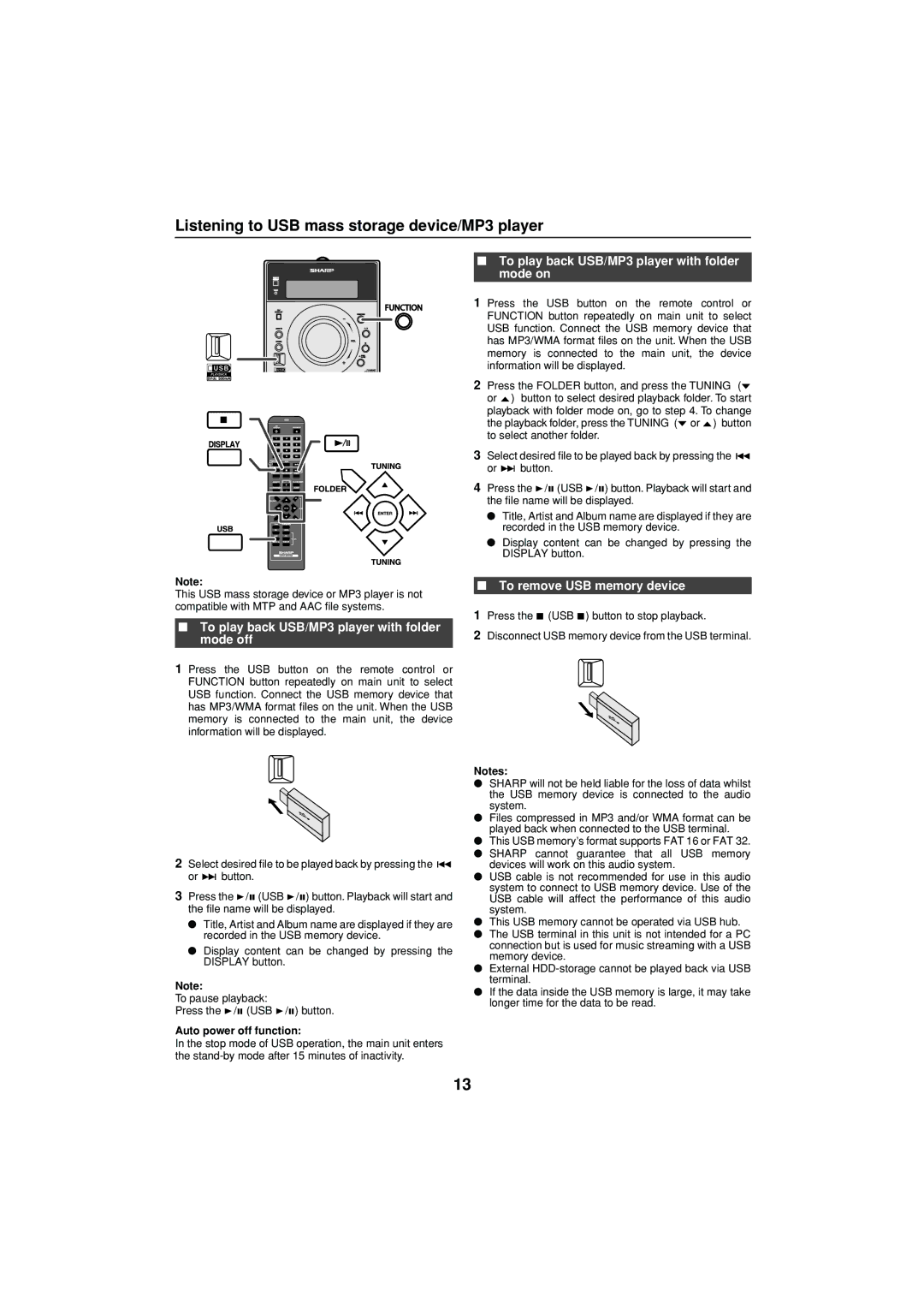 Sharp XL-DH350NH Listening to USB mass storage device/MP3 player, To play back USB/MP3 player with folder mode off 