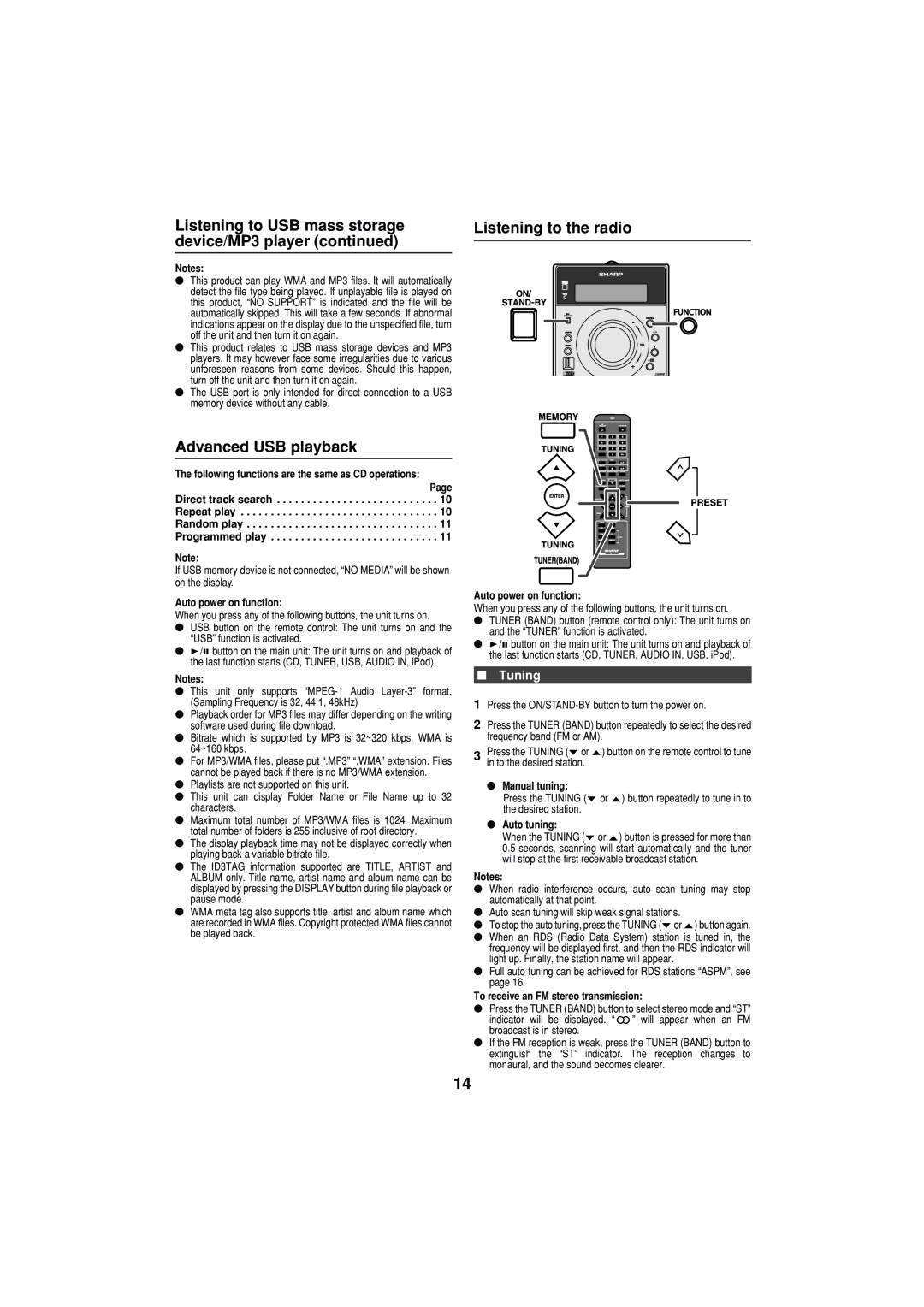 Sharp XL-DH350NH operation manual Advanced USB playback, Tuning 