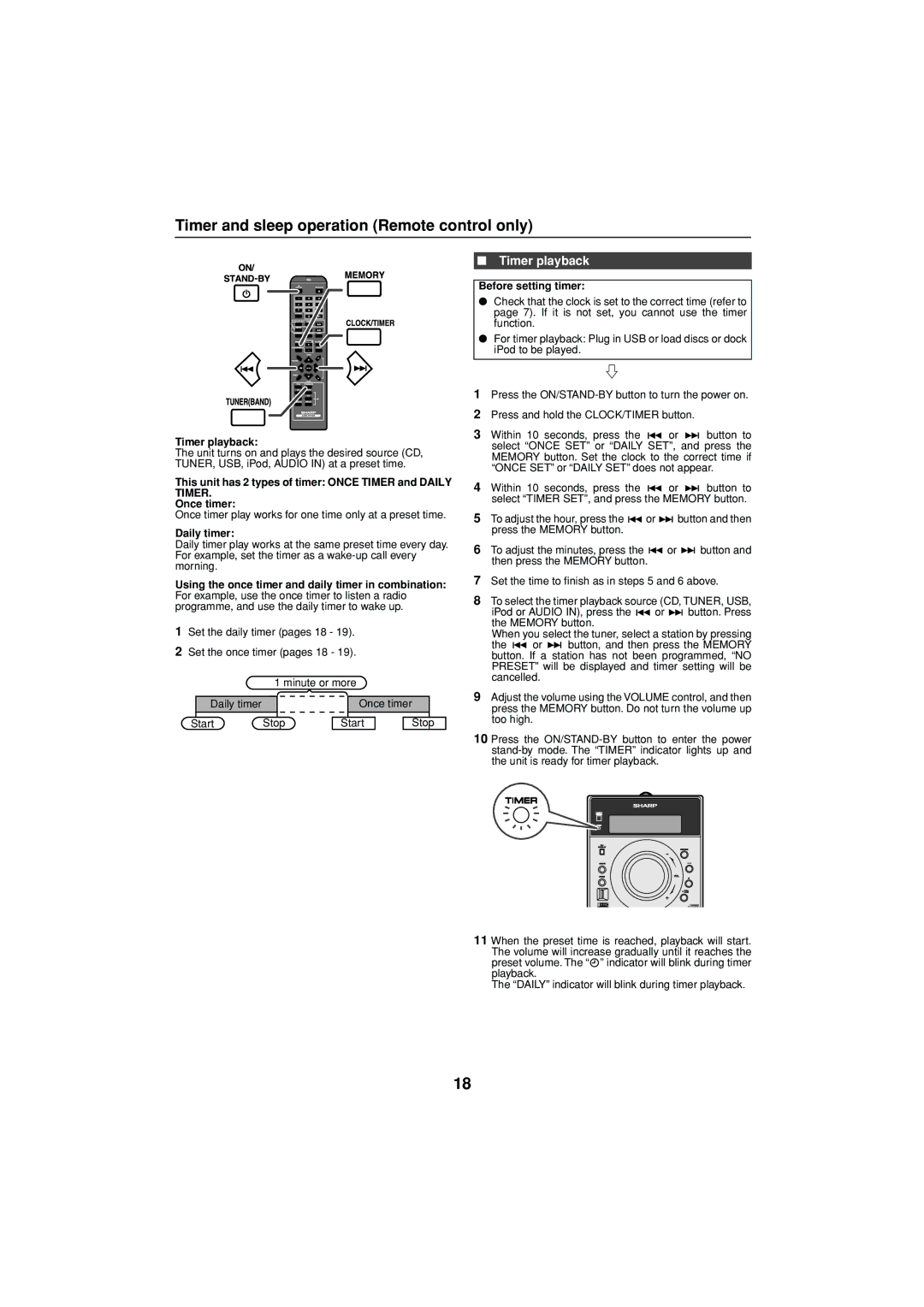 Sharp XL-DH350NH Timer and sleep operation Remote control only, Timer playback, Daily timer, Before setting timer 