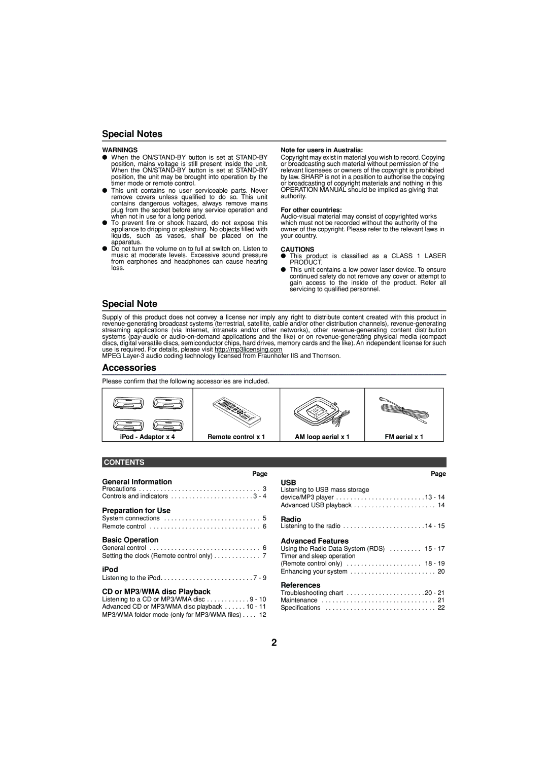 Sharp XL-DH350NH operation manual Special Notes, Accessories 