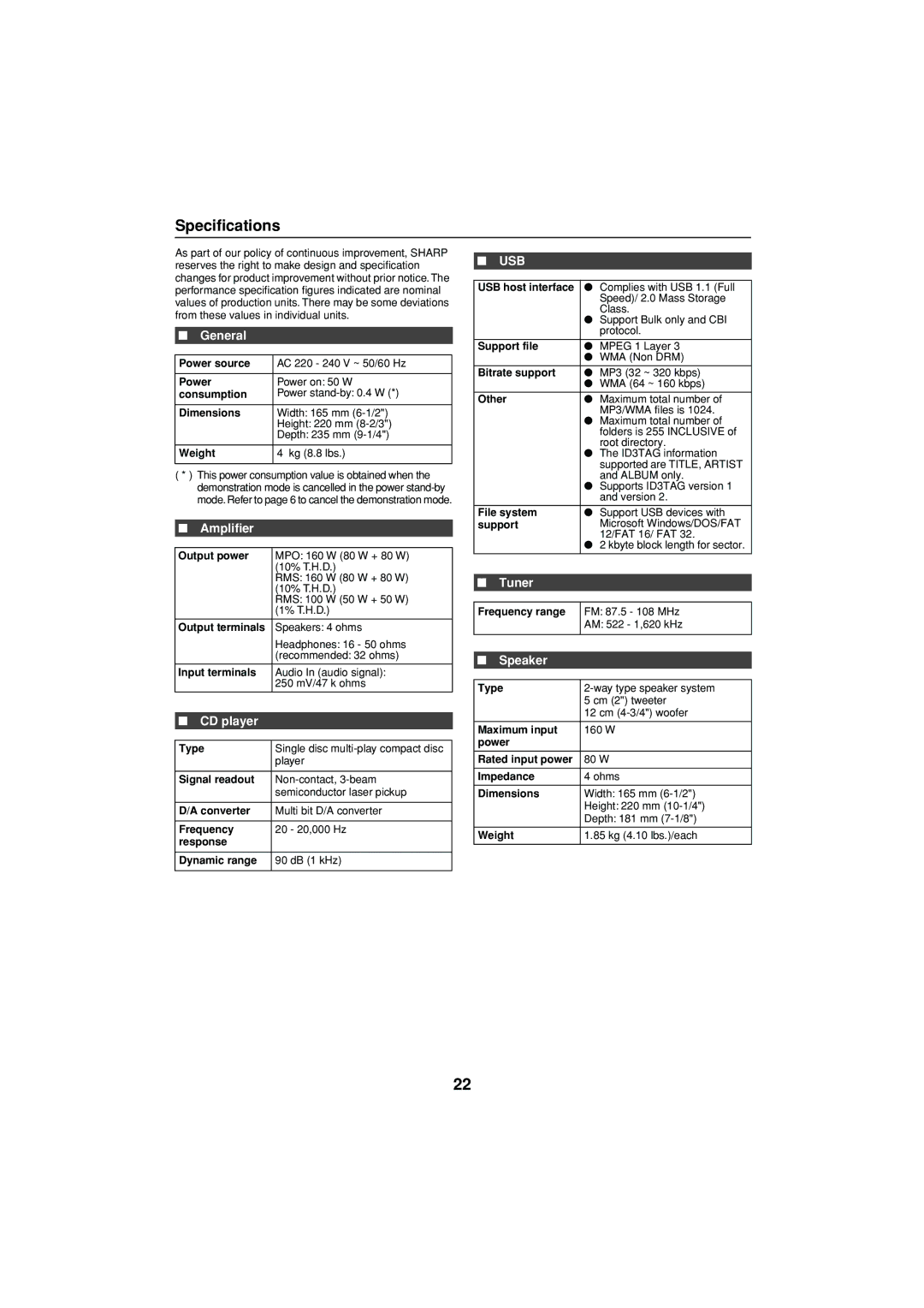 Sharp XL-DH350NH operation manual Specifications, Amplifier, Speaker 