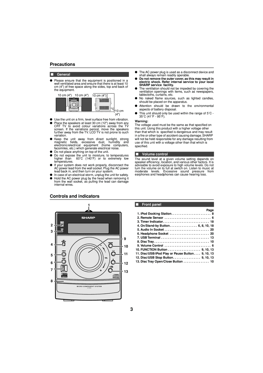 Sharp XL-DH350NH operation manual Precautions, Controls and indicators, General, Volume control, Front panel 