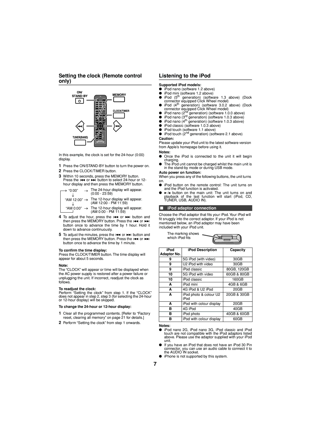 Sharp XL-DH350NH operation manual Setting the clock Remote control only, Listening to the iPod, IPod adaptor connection 