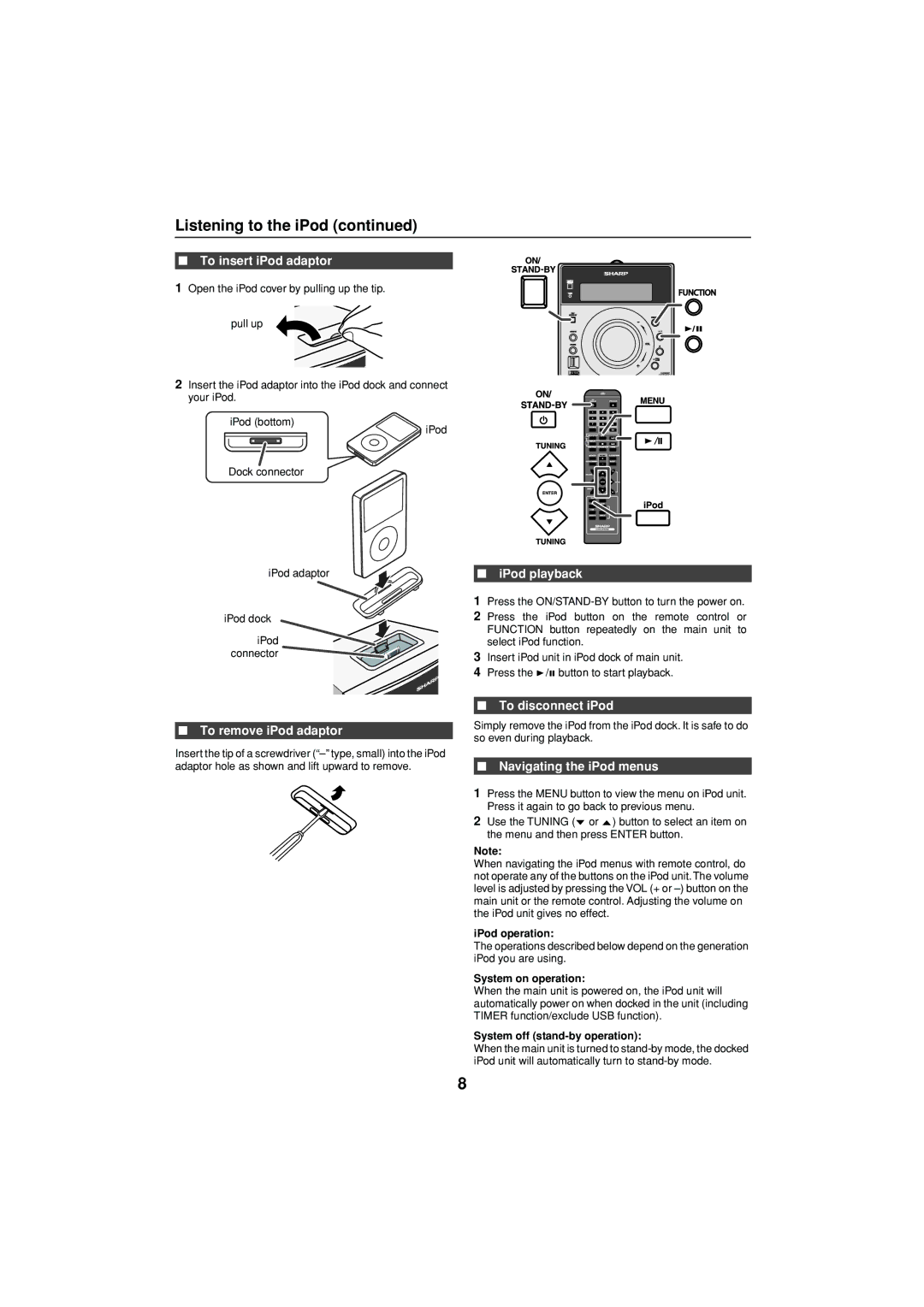 Sharp XL-DH350NH operation manual To insert iPod adaptor, IPod playback, To remove iPod adaptor, To disconnect iPod 