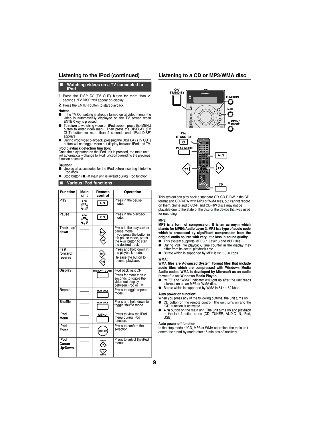 Sharp XL-DH350NH Listening to a CD or MP3/WMA disc, Watching videos on a TV connected to iPod, Various iPod functions 