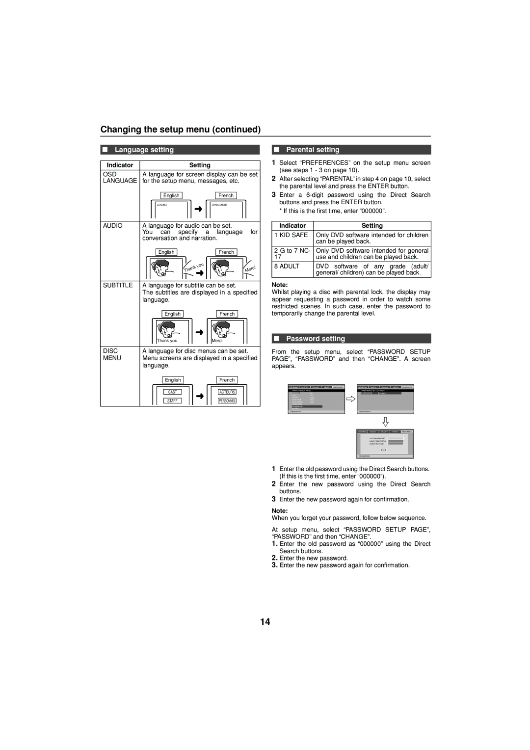 Sharp XL-DV75H operation manual Language setting, Parental setting, Password setting 