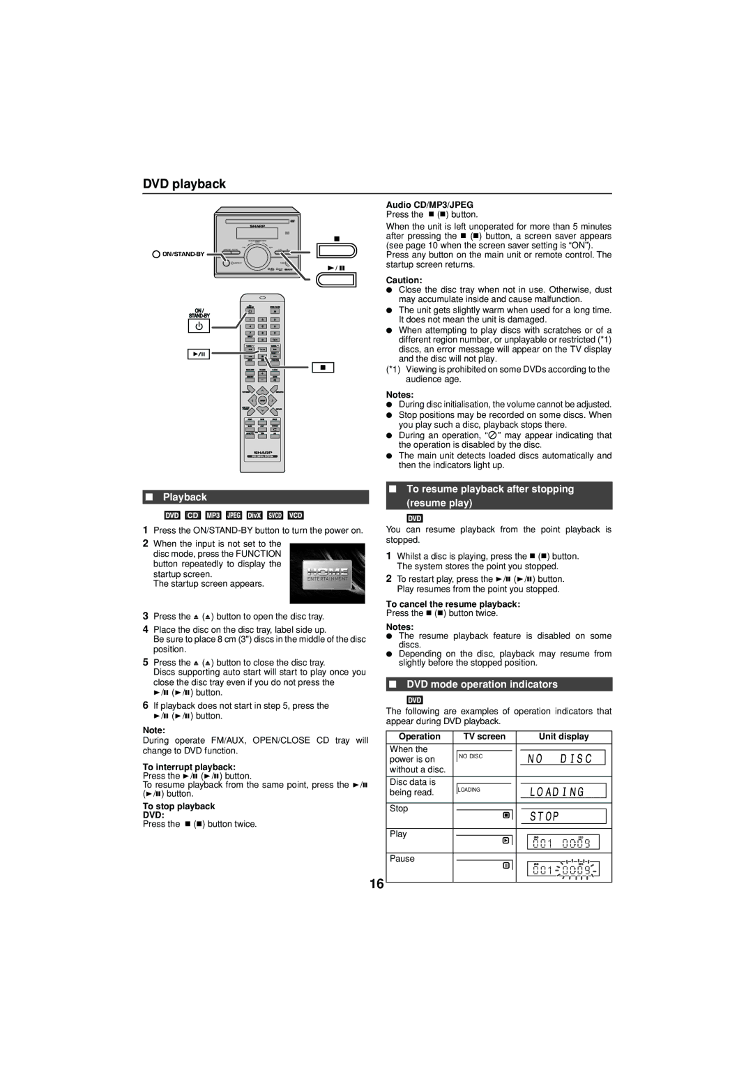 Sharp XL-DV75H DVD playback, Playback, To resume playback after stopping resume play, DVD mode operation indicators 