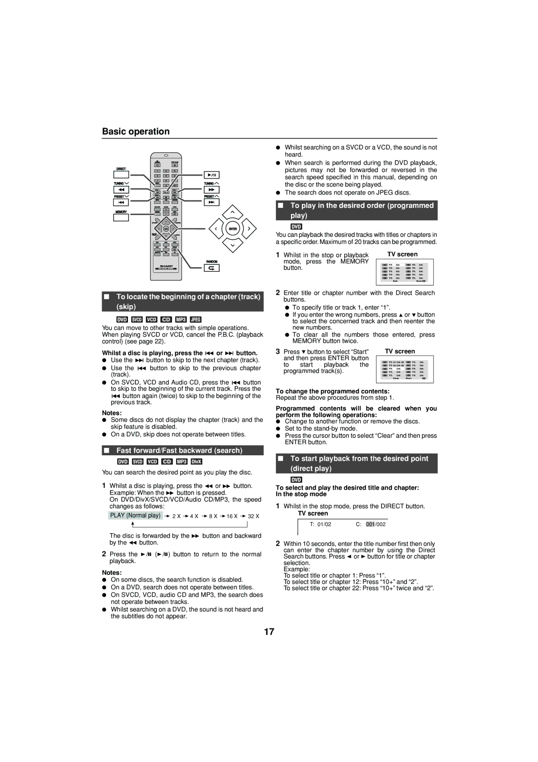 Sharp XL-DV75H Basic operation, To play in the desired order programmed play, Fast forward/Fast backward search 