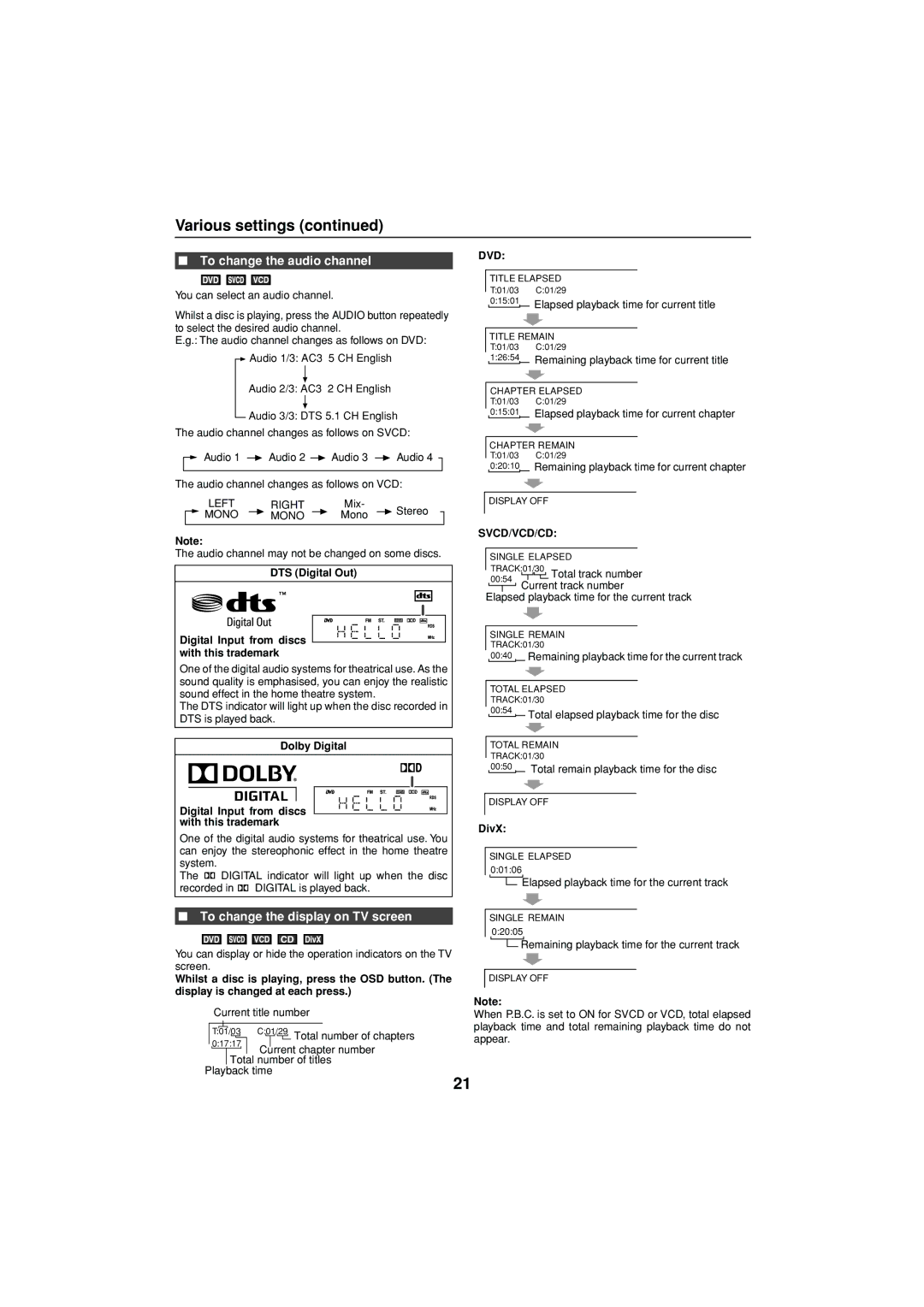 Sharp XL-DV75H operation manual To change the audio channel, To change the display on TV screen, DivX 