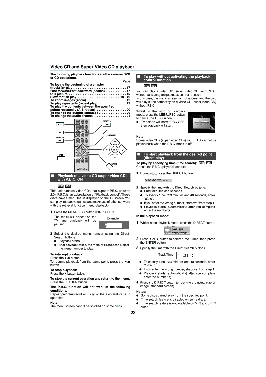 Sharp XL-DV75H Video CD and Super Video CD playback, Playback of a video CD super video CD with P.B.C. on, Res Et, Return 