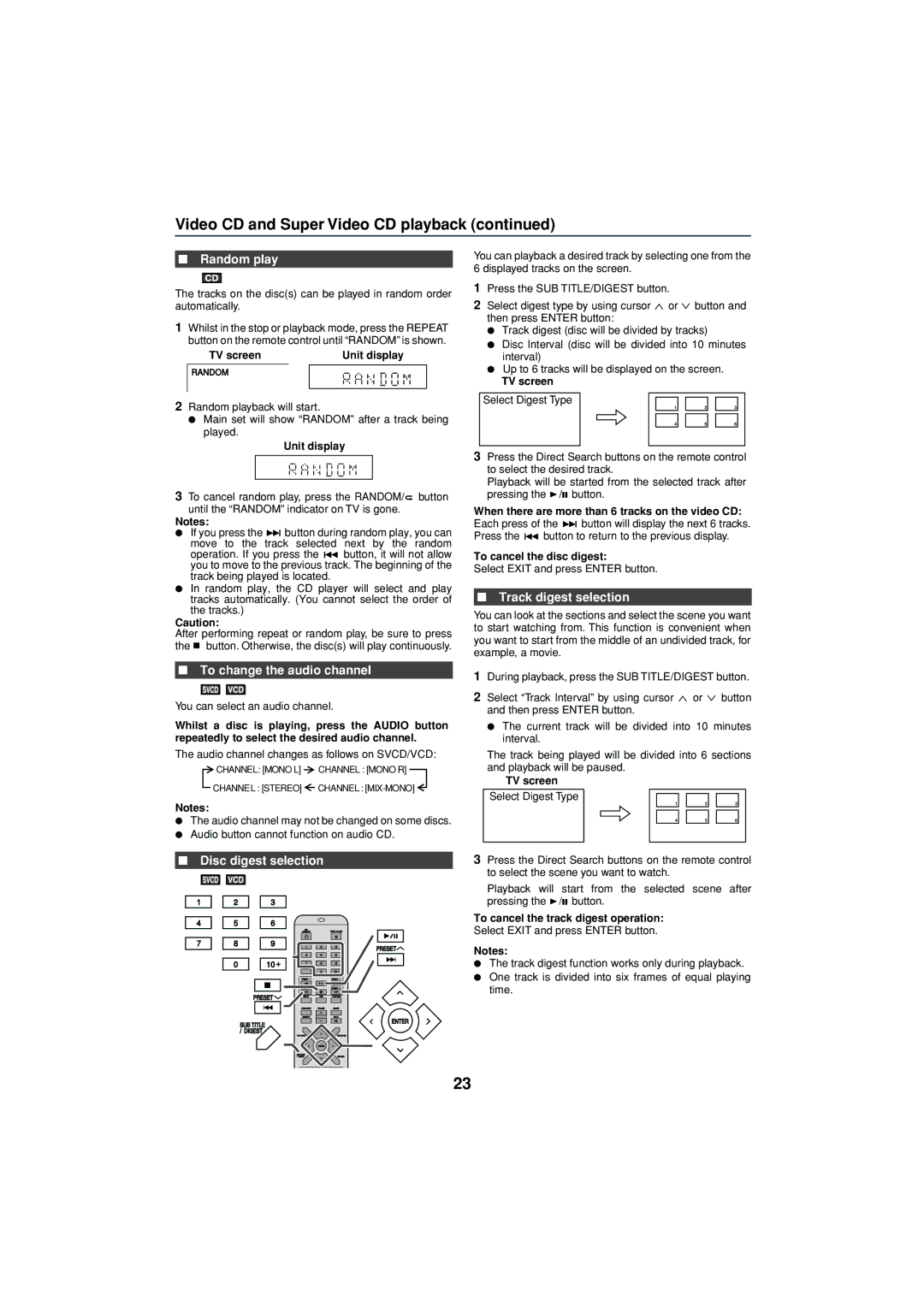 Sharp XL-DV75H operation manual Random play, Disc digest selection, Track digest selection 