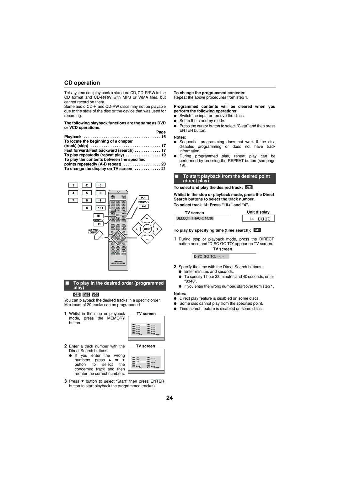 Sharp XL-DV75H CD operation, Mode Press, Numbers Press, Concerned track and then, Reenter the correct numbers 