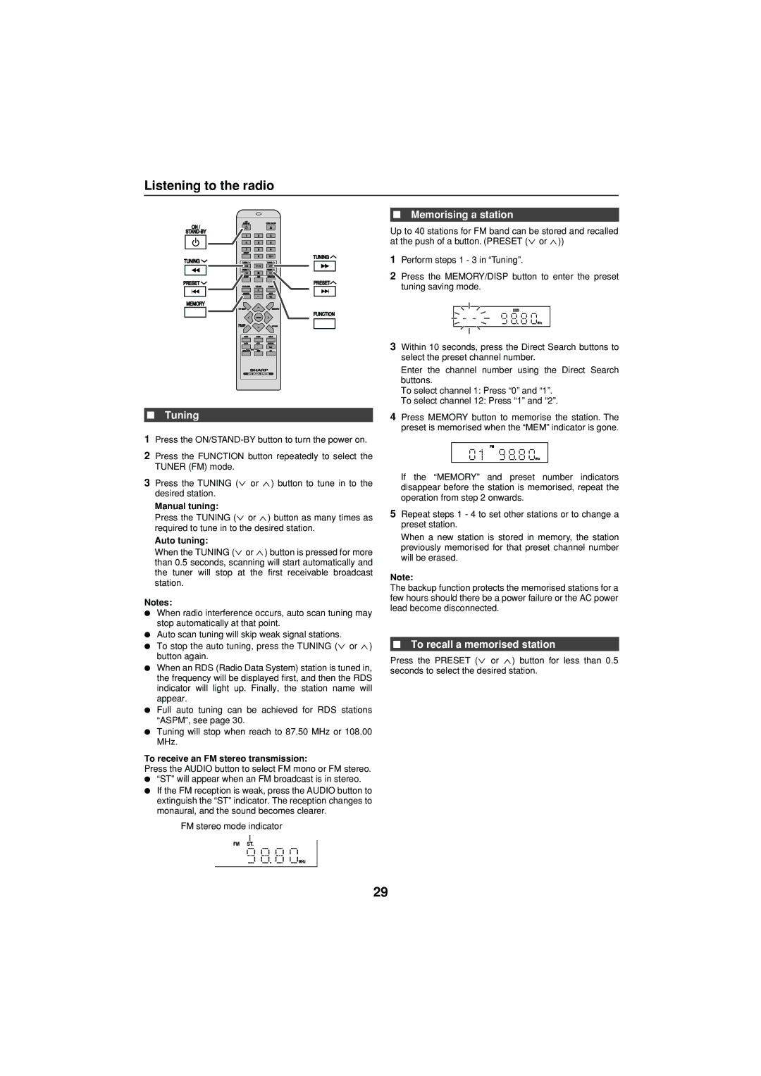 Sharp XL-DV75H operation manual Listening to the radio, Tuning, Memorising a station, To recall a memorised station 