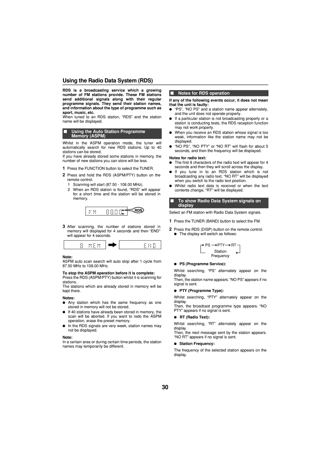 Sharp XL-DV75H operation manual Using the Radio Data System RDS, Using the Auto Station Programme Memory Aspm 