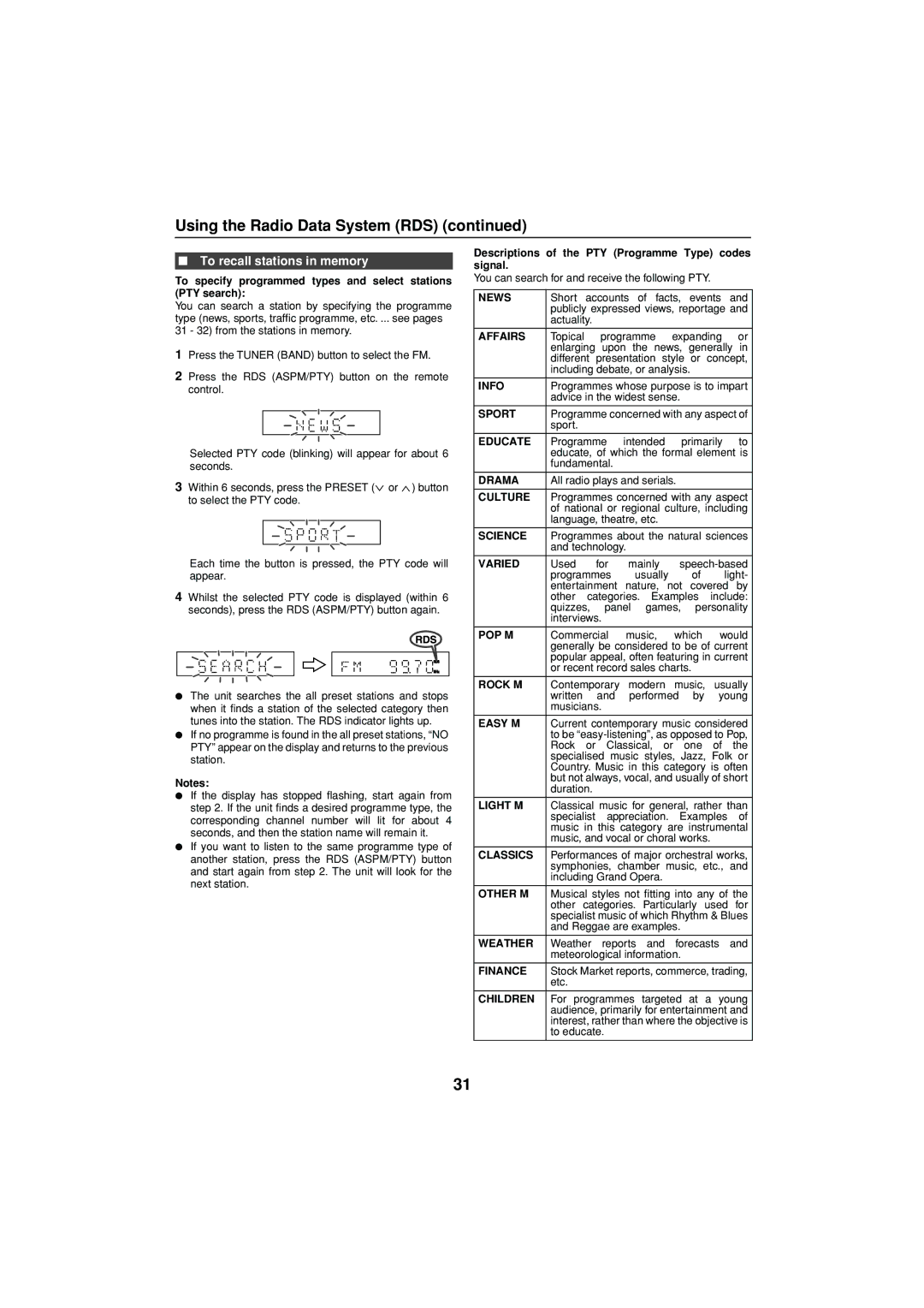 Sharp XL-DV75H operation manual To recall stations in memory, To specify programmed types and select stations PTY search 