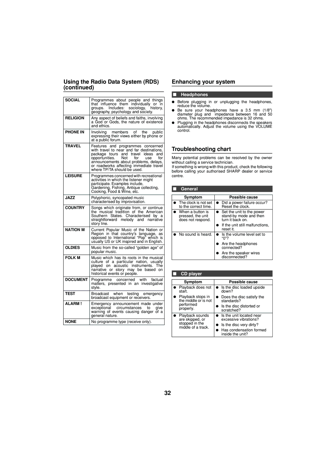 Sharp XL-DV75H operation manual Enhancing your system, Troubleshooting chart, Headphones, CD player, Symptom Possible cause 