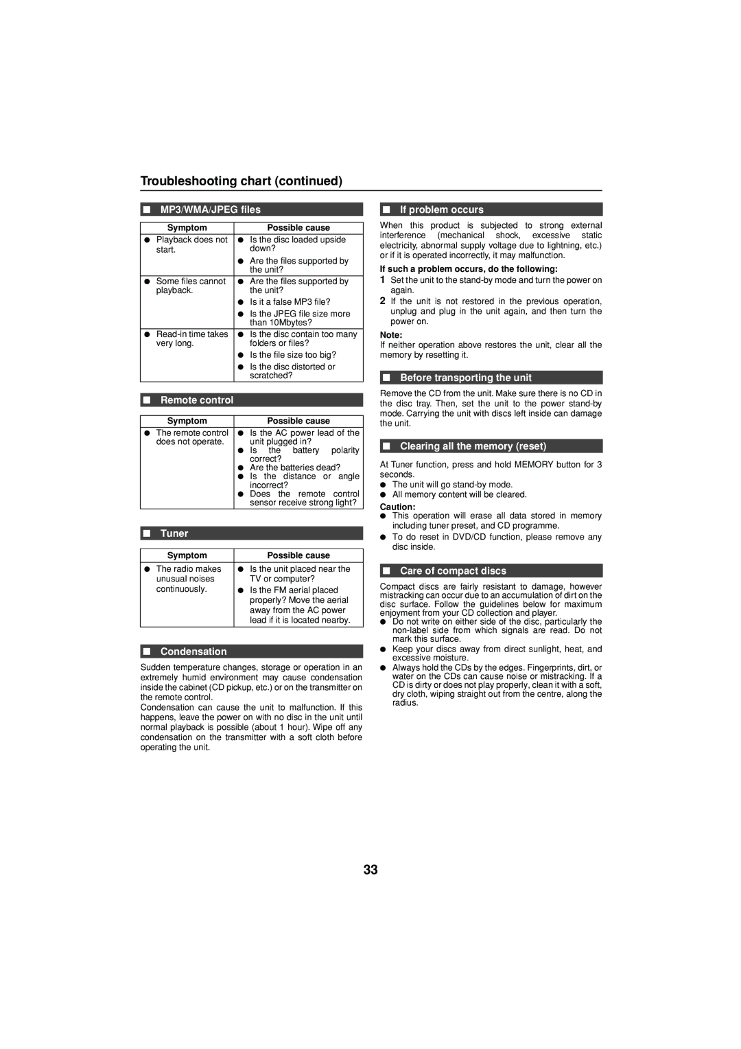 Sharp XL-DV75H operation manual MP3/WMA/JPEG files, Tuner, Condensation, If problem occurs, Before transporting the unit 