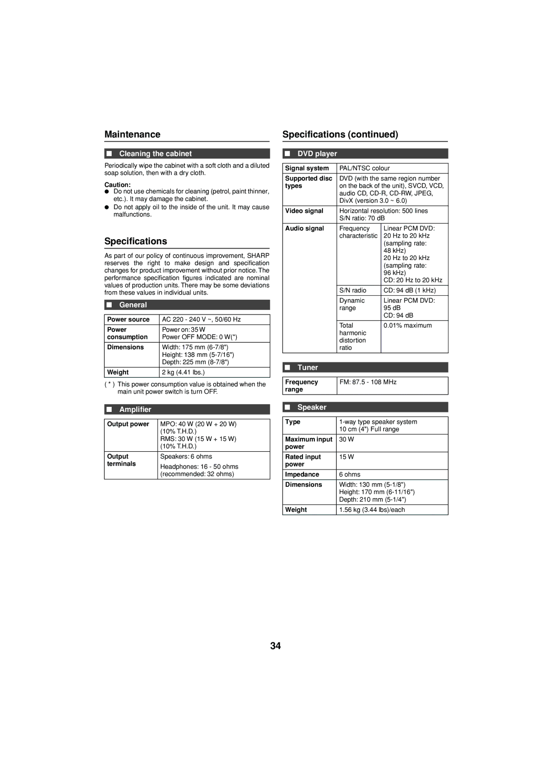 Sharp XL-DV75H operation manual Maintenance, Specifications 