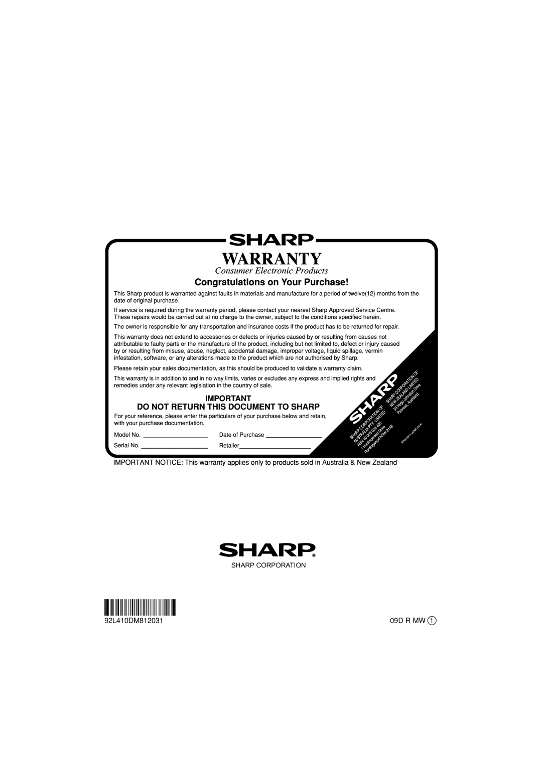 Sharp XL-DV75H operation manual 92L410DM812031 09D R MW 