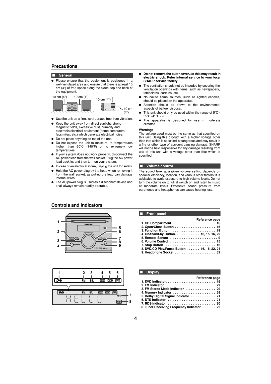 Sharp XL-DV75H operation manual Precautions, Controls and indicators 