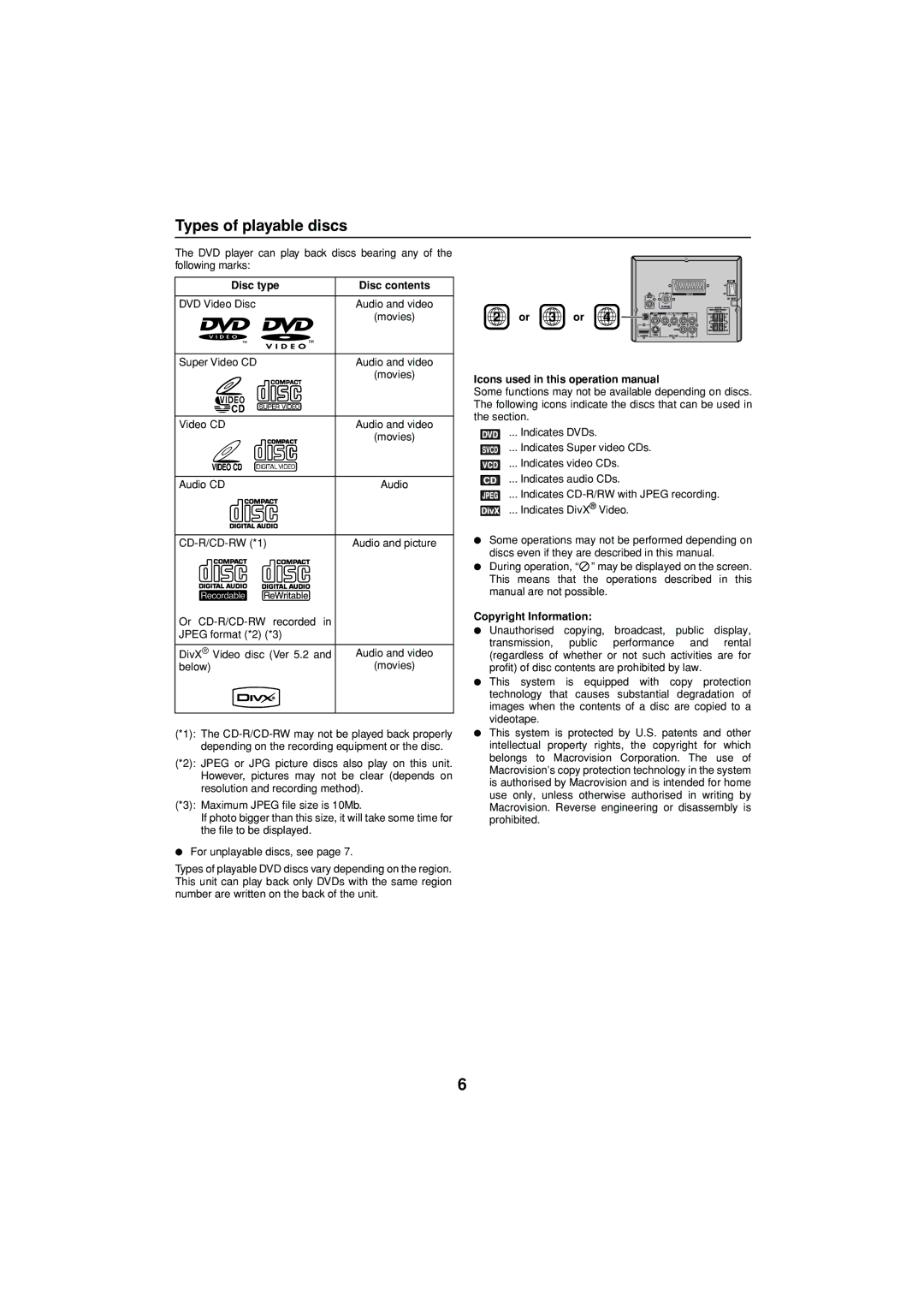 Sharp XL-DV75H operation manual Types of playable discs, Disc type Disc contents, Or 3 or, Copyright Information 